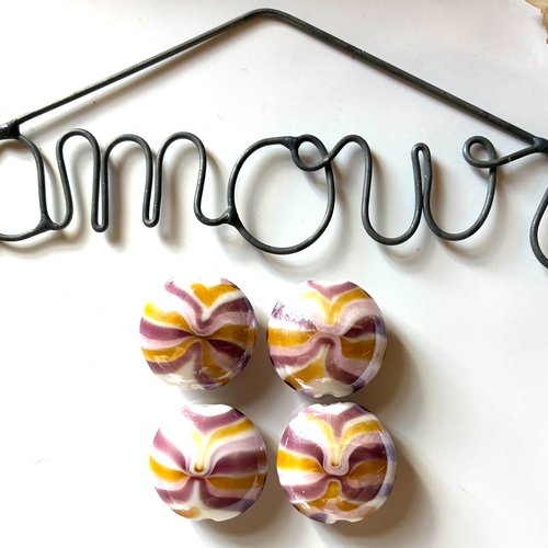 5 perles palets verre à rayures violet blanc orange