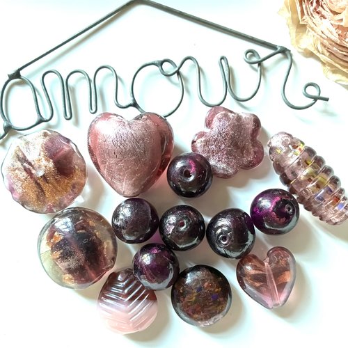Lot 14 perles assortiment violet et rose formes variées