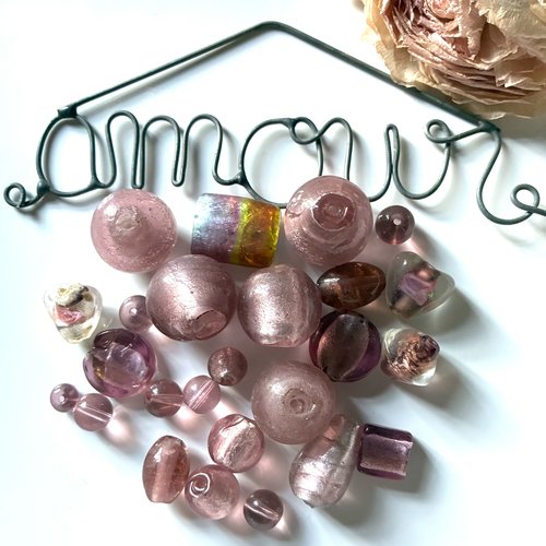 25 perles verre en rose et violet