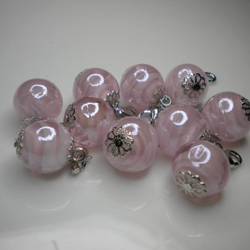 Perle en verre rose (italie) breloque et fermoir mousqueton