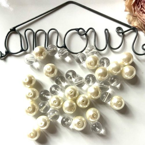 40 perles rondes nacre et verre en blanc et transparent