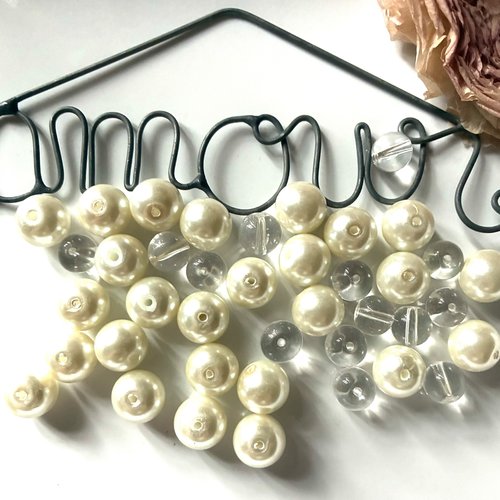 40 perles rondes nacre et verre en blanc et transparent