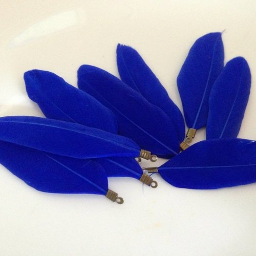 Plume bleue avec accroche bronze 5cm