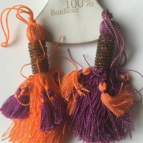 Pompons fils de soie synthétique violet et orange 18cm 