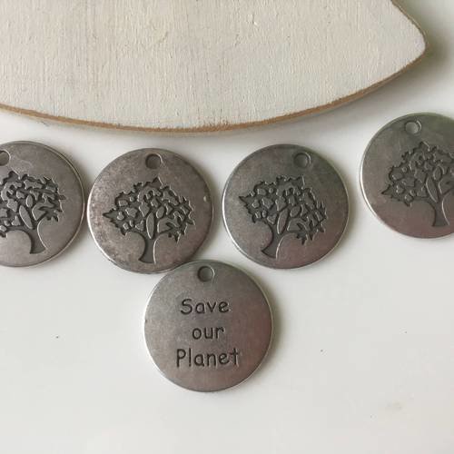 Lot de 5 breloques métal argenté arbre save our planet 