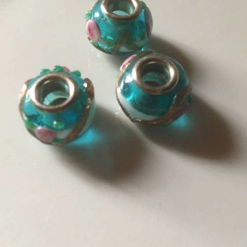 3 perles en verre rondes turquoise style pandora 