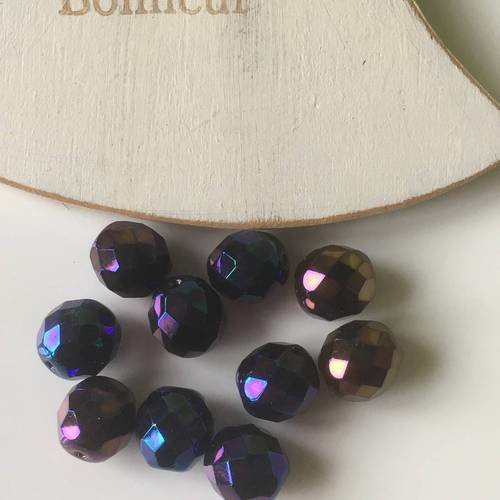 5 perles en cristal rondes facettées en bleu nuit irisé 10mm 
