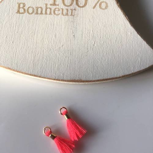 Lot de 2 mini pompons coton rose fluo anneau doré 1cm 