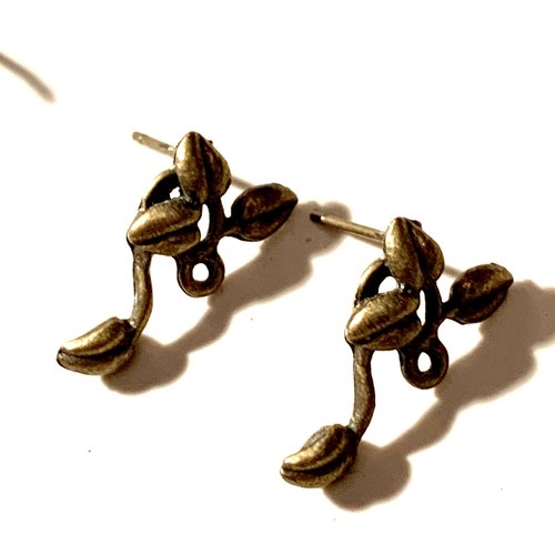 Boucles d'oreille puces bronze feuilles avec piquot- la paire