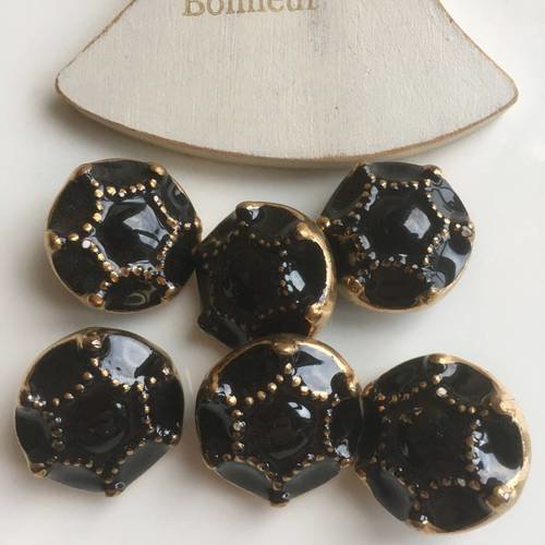 6 boutons en céramique forme ronde noir et doré diamètre 30mm 