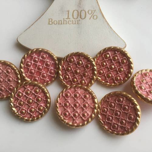 8 boutons en céramique forme ronde rose et doré diamètre 25mm