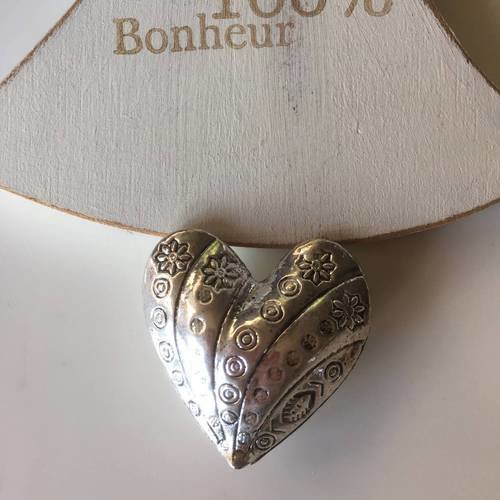 Grand pendentif coeur en métal argenté filigrané x1 35x30mm 