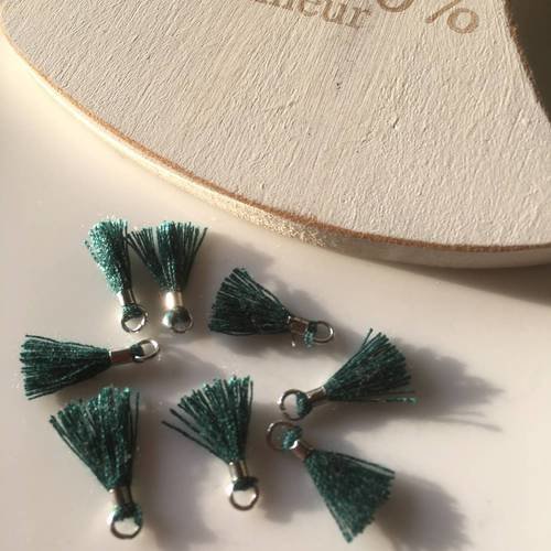 Lot de 2 breloques mini pompons coton vert foncé anneau argenté 1cm 