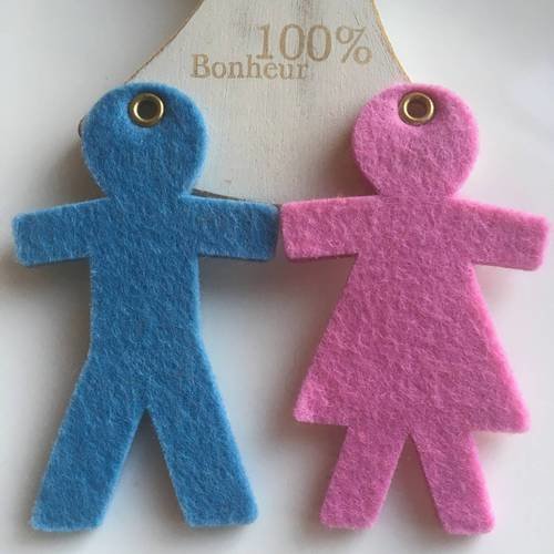 Duo de fille et garçon en feutrine rose et bleu pour décorer ou customiser x1 