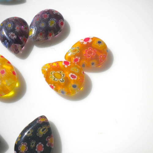 Perles gouttes en verre millefiori orange et multicolore x2 