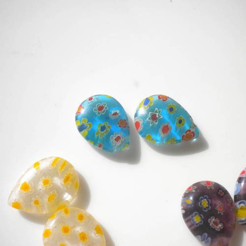 Perles gouttes en verre millefiori turquoise et multicolores x2 