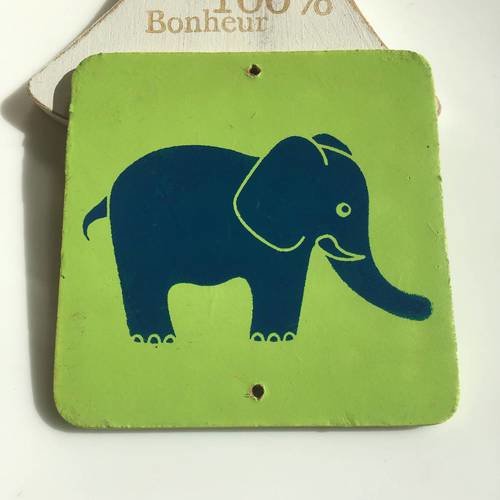 Décor recto-verso en bois carré vert et éléphant x1 