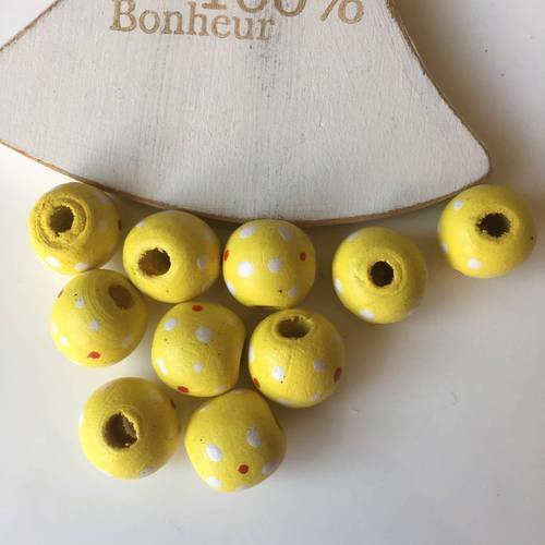Lot de 10 perles rondes en bois jaune à pois 