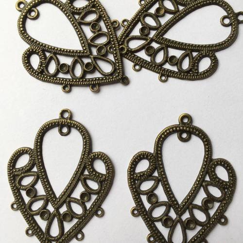 Duo de pendentifs boucles d'oreilles coeur bronze 6 piquots 