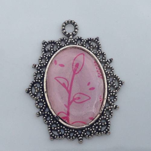 Pendentif cabochon ovales fleur rose 
