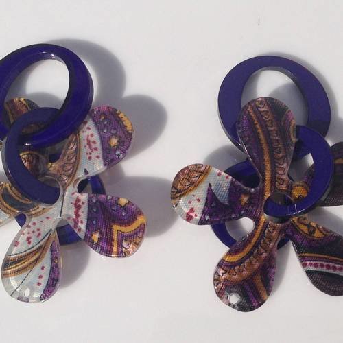 Pendentifs fleurs et anneaux en plexi violet x2 