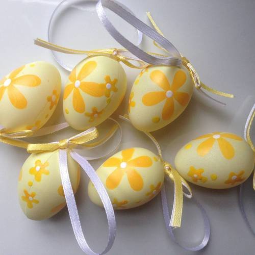 Lot de six oeufs en jaune et orange avec rubans - décoration spécial pâques 