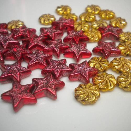Lot de 40 pièces décorations de noël étoiles et fleurs rouge et doré 