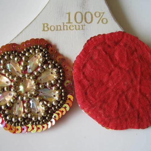 Appliqué patch à coudre ou coller motif fleur perles strass cousues rouge 