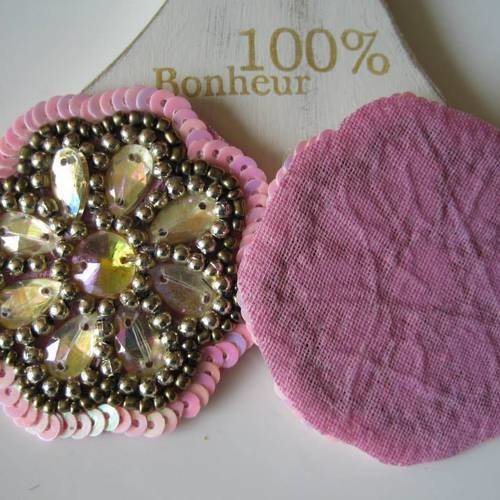Appliqué patch à coudre ou coller motif fleur perles strass cousues rose 
