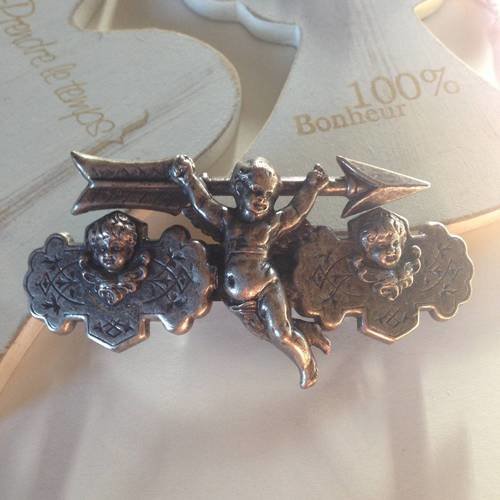 Pièce barrette effet baroque métal argenté anges et flèches x1 