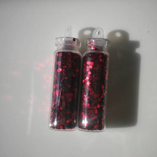 Fiole en verre 3cm avec des micro paillettes rouge rondes 