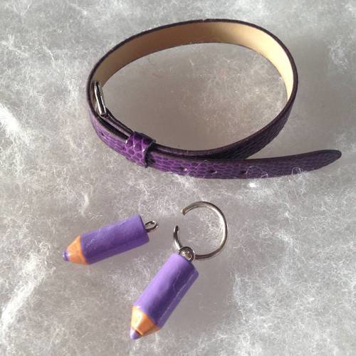 Les kits de sophie - bracelet en simili cuir violet 22 cm et duo de crayons 