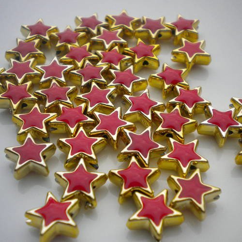 Lot de 10 perles étoiles synthétiques rouges et dorées 