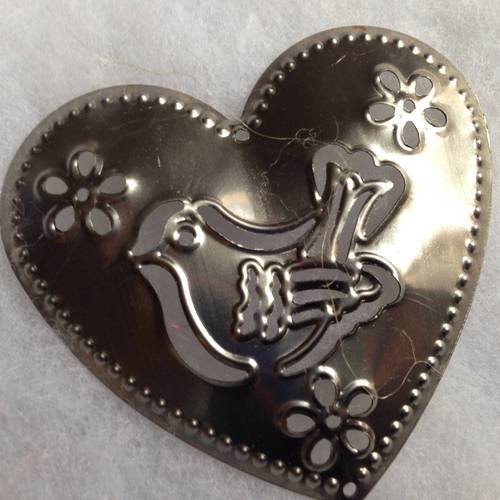 Coeur et oiseau en métal gris - suspension décor romantique 