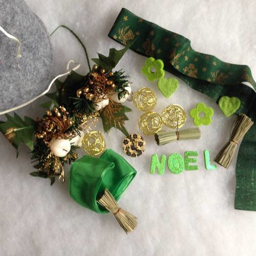 Lot décorations de noël en vert et doré x20 pochon gris - kit noël 