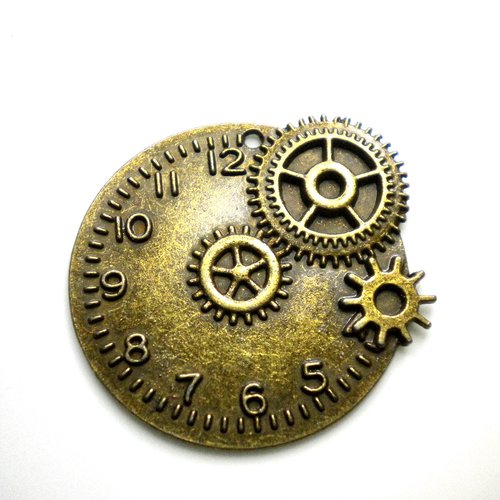 Grande breloque bronze ronde steampunk l'heure et son mécanisme