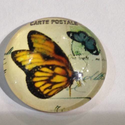 Cabochon rond papillon noir et jaune en verre x1 20mm 