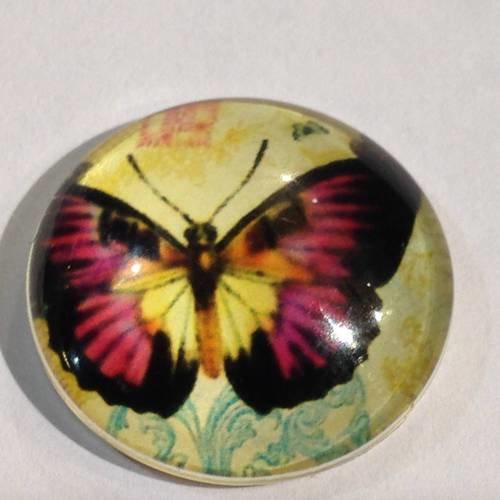 Cabochon rond papillon noir et fuchsia en verre x1 20mm 