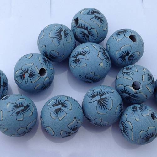 Lot de 12 perles rondes fleurs en pâte polymère en bleu 
