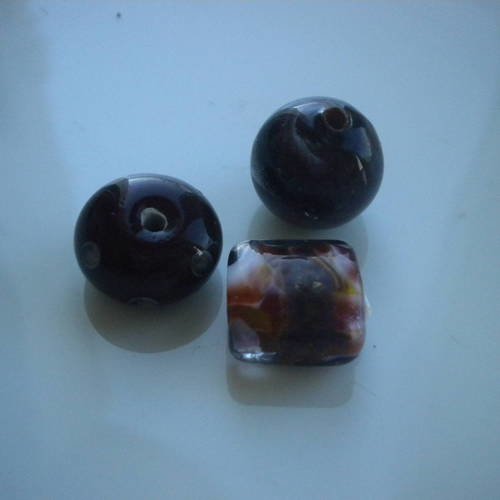 3 perles en verre couleur en noir pois et reflets- sand3noirreflets 