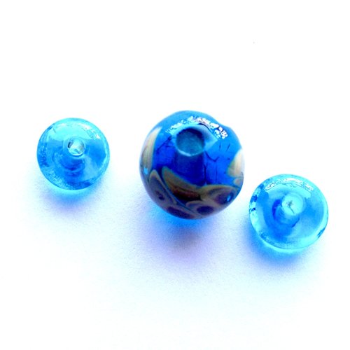 3 perles en verre couleur bleu et beige- sand3bleubeige