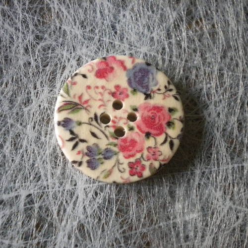 Bouton en bois fleurs en rose et mauve x1 diamètre 25mm