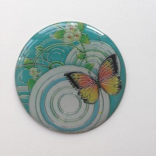 Pendentif métal et résine décor papillon turquoise