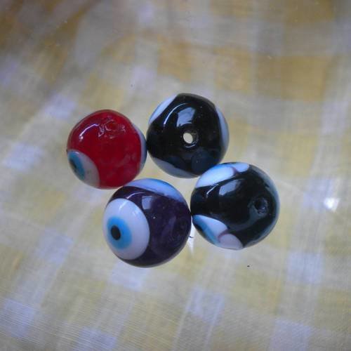 Lot de 4 perles rondes en verre oeil de la chance 3 couleurs 13mm 