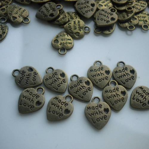 Lot de breloques bronze coeurs made with love x10 