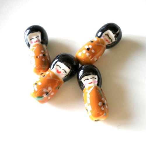 Perles en porcelaine poupée japonaise kokeshi orange x4