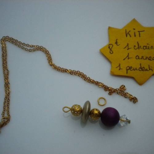 Kit de réalisation chaîne métal doré et pendentif perle en violet