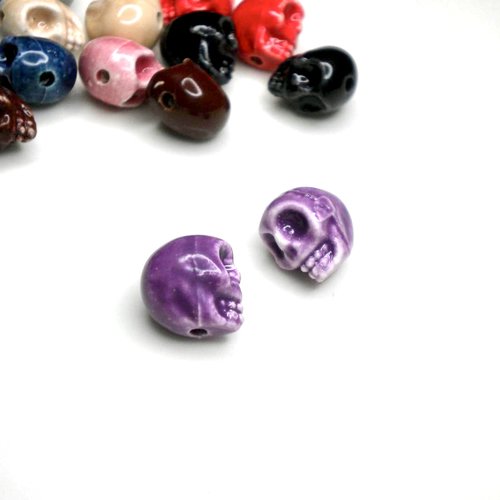 Lot de 2 perles porcelaine en violet crâne tête de mort