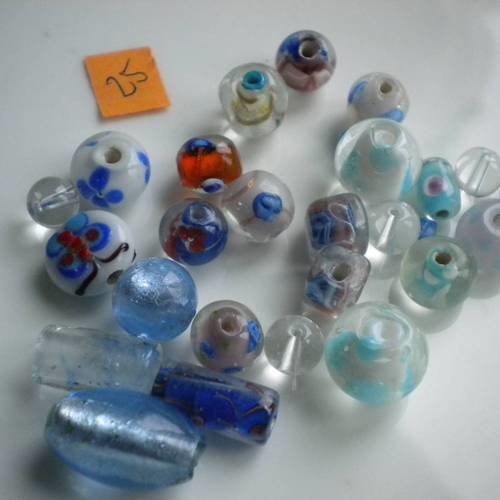 25 perles en verre bleu, turquoise et transparent