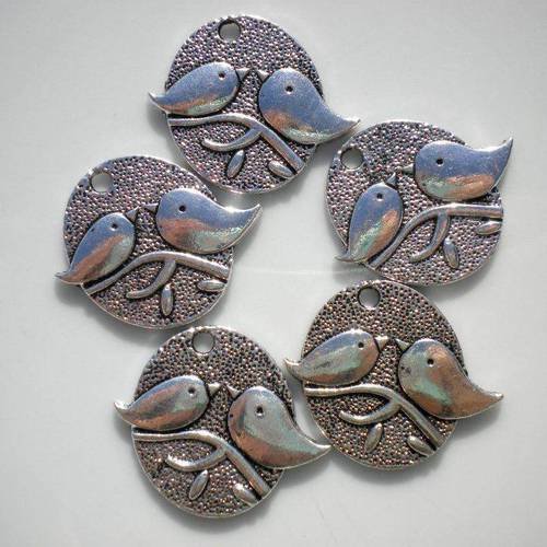 Lot de 5 breloques oiseaux en métal argenté